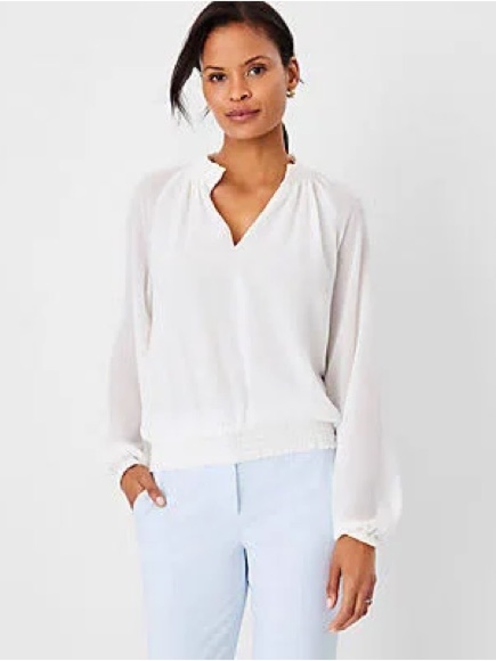 Ann Taylor Women's Lightweight White Smocked V-Neck Peasant Blouse - Size S